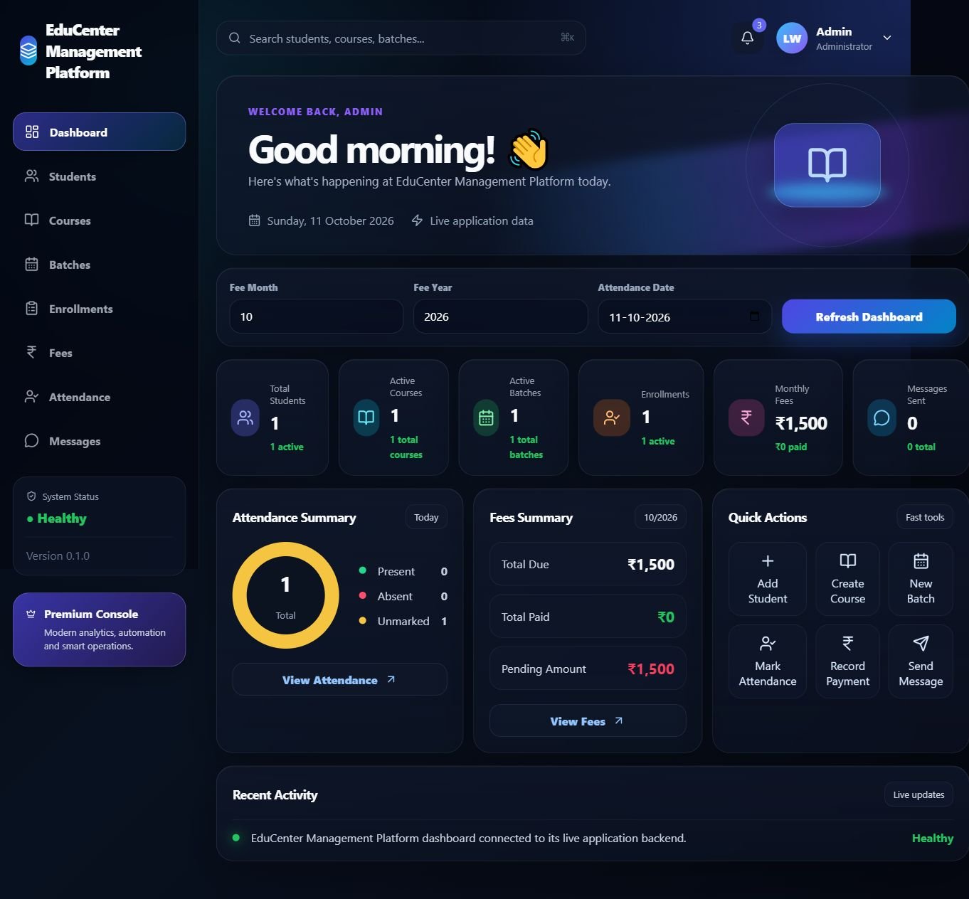 EduCenter Management Platform — Education operations dashboard